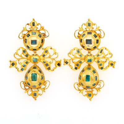 Lot 225 - Pair of Antique High Karat Gold and Emerald Pendant-Earrings