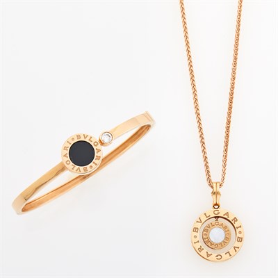 Lot 210 - Rose Gold, Black Onyx, Mother-of-Pearl and Simulated Diamond Bracelet and Pendant-Necklace