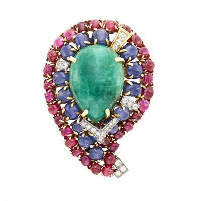 Lot 190 - Gold, Cabochon Colored Stone and Diamond Paisley Clip-Brooch
