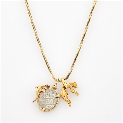 Lot 10 - Gold Snake Chain with Two Silver and Gold Pendants