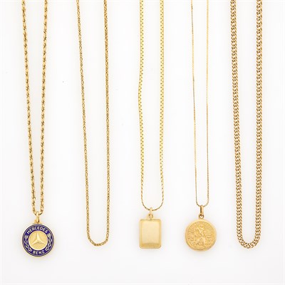Lot 164 - Five Gold Chains and Three Gold and Enamel Pendants