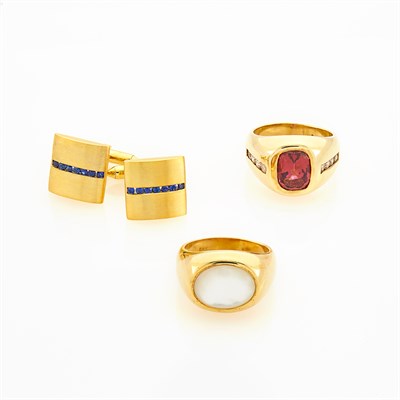 Lot 78 - Two Gold and Gem-Set Rings and Pair of Gold and Sapphire Cufflinks