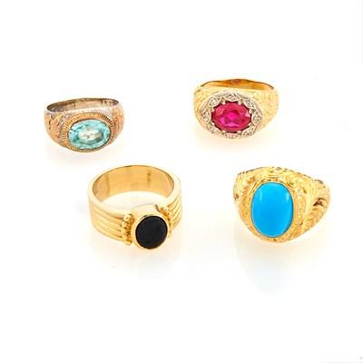 Lot 145 - Four Gentleman's Tricolor Gold, Low Karat Gold and Synthetic Gem-Set and Hardstone Rings