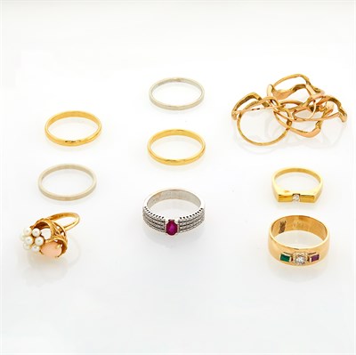 Lot 207 - Nine Gold, Diamond and Gem-Set Rings and Cord Necklace