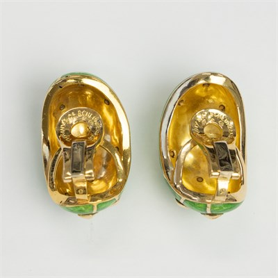 Lot 12 - Tiffany & Co., Schlumberger Pair of Gold and Green Paillonné Enamel Earclips, France
