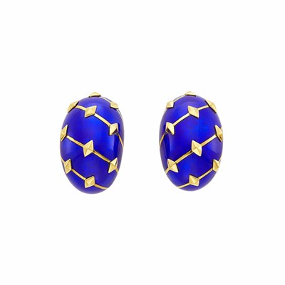 Lot 68 - Tiffany & Co., Schlumberger Pair of Gold and Blue Paillonné Enamel Earclips, France