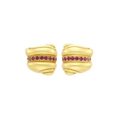 Lot 129 - Barry Kieselstein-Cord Pair of Gold and Ruby Earclips