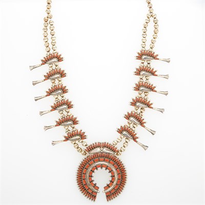 Lot 92 - Sterling Silver and Coral Squash Blossom Necklace