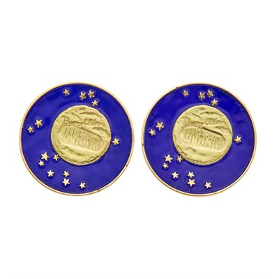 Lot 3 - Tiffany & Co. Pair of Gold and Blue Enamel 'Lunar Landing' Earclips