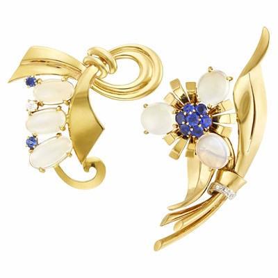 Lot 72 - Gold, Platinum, Moonstone, Sapphire and Diamond Brooch and Attributed to Trabert & Hoeffer, Mauboussin 'Reflection' Clip
