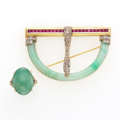 Lot 1071 - Rhodium-Plated Gold, Platinum, Jade, Sapphire and Diamond Ring and Two-Color Gold, Ruby, Jade and Diamond Buckle Brooch