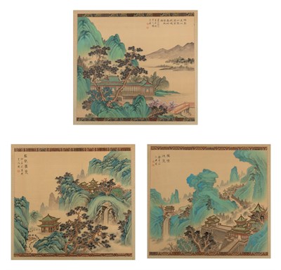Lot 12 - Three Chinese Ink and Color Landscape...