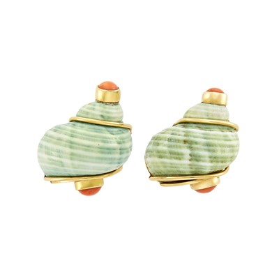 Lot 12 - Seaman Schepps Pair of Gold, Shell and Coral 'Turbo Shell' Earclips