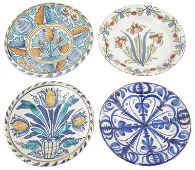 Lot 150 - Three English Delft Polychrome Chargers...