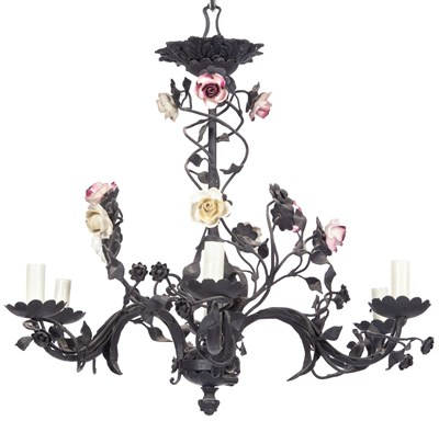 Lot 137 - Louis XV Style Iron and Porcelain Six-Light...