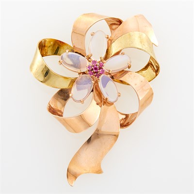 Lot 35 - Two-Color Gold, Moonstone and Ruby Bow Brooch