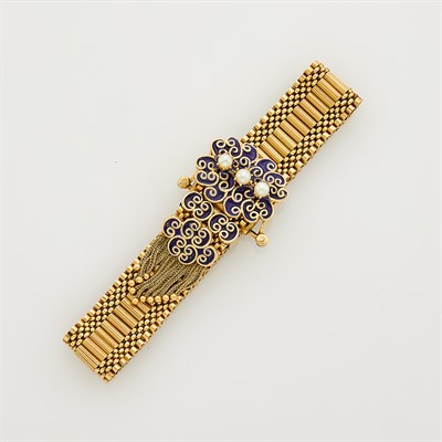Lot 73 - Gold, Enamel and Cultured Pearl Slide Bracelet