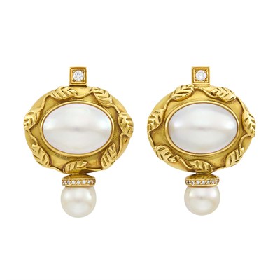 Lot 86 - Elizabeth Gage Pair of Gold, Mabé Pearl, Cultured Pearl and Diamond Earclips