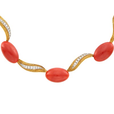 Lot 10 - Two-Color Gold, Oxblood Coral and Diamond Necklace