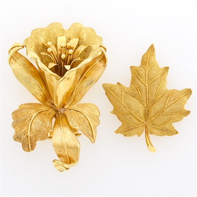 Lot 213 - Gold Flower Clip-Brooch and Tiffany & Co. Gold Leaf Brooch