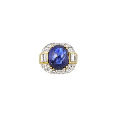 Lot 70 - David Webb Gold, Platinum, Cabochon Sapphire and Diamond Ring