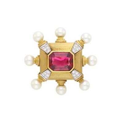 Lot 87 - Gold, Rubellite, Cultured Pearl and Diamond Brooch
