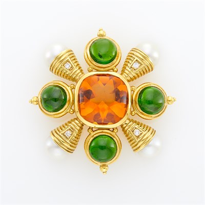 Lot 11 - Gold, Cabochon Citrine and Tourmaline, Cultured Pearl and Diamond Maltese Cross Brooch