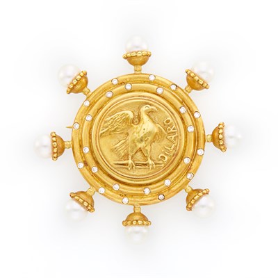 Lot 19 - Gold, Cultured Pearl and Diamond Brooch