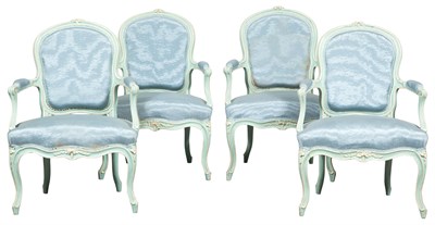 Lot 1 - Set of Four Louis XV Blue Painted Fauteuils...