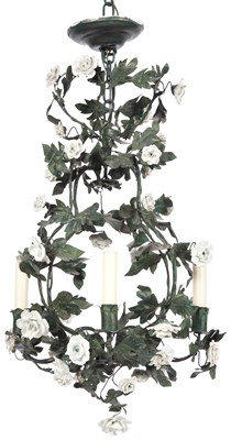 Lot 64 - Green Painted Tôle and Porcelain Floriform...