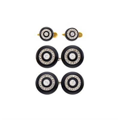 Lot 54 - Pair of Art Deco Platinum, Diamond and Black Onyx Cufflinks and Two Studs, France