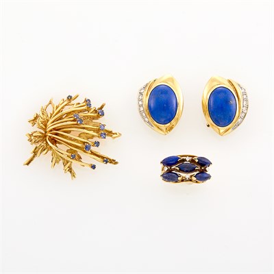 Lot 162 - Pair of Gold, Lapis and Diamond Earring and Ring and Gold and Sapphire Spray Brooch