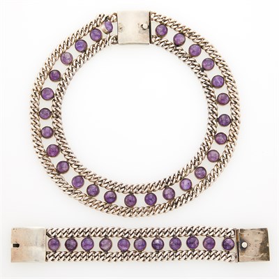 Lot 53 - Double Strand Silver and Cabochon Amethyst Curb Link Necklace and Bracelet