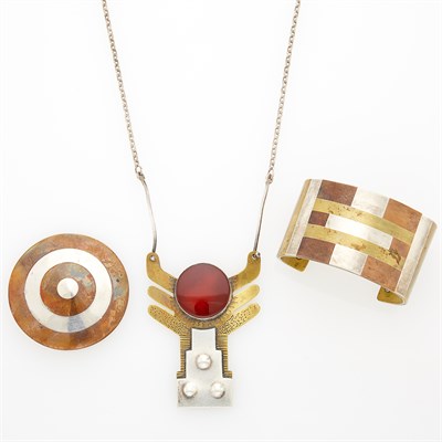 Lot 54 - Silver and Brass Cuff Bangle and Brooch and Thomas Mann Silver, Brass and Carnelian Pendant-Necklace