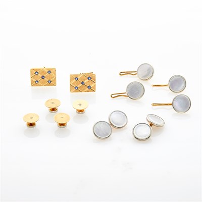 Lot 91 - Two-Color Gold and Mother-of-Pearl Dress Set and Pair of Gold and Sapphire Cufflinks