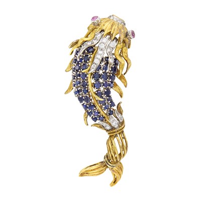 Lot 182 - Two-Color Gold, Sapphire, Diamond and Cabochon Ruby Fish Brooch