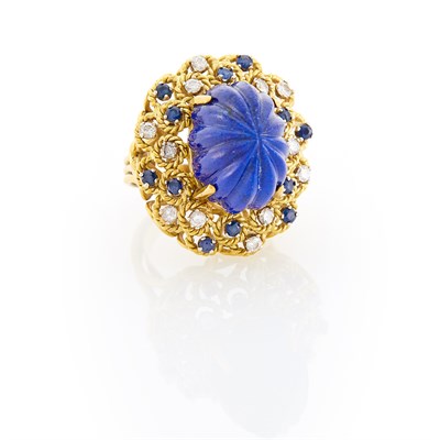 Lot 216 - Gold, Carved Lapis, Sapphire and Diamond Ring