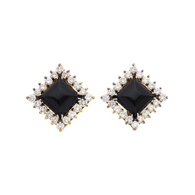 Lot 55 - Pair of Gold, Black Onyx and Diamond Earclips