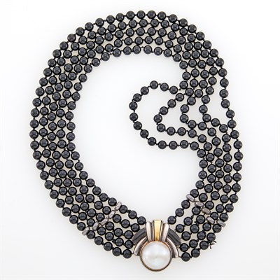 Lot 6 - Cartier Five Strand Black Onyx Bead, Silver, Gold and Mabé Pearl Necklace