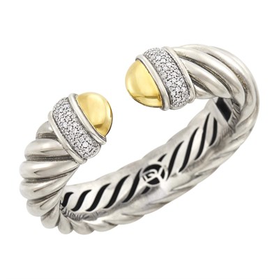 Lot 22 - David Yurman Sterling Silver, Gold and Diamond Bangle Bracelet