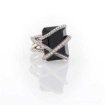 Lot 55 - David Yurman Sterling Silver, Black Onyx and Diamond Ring