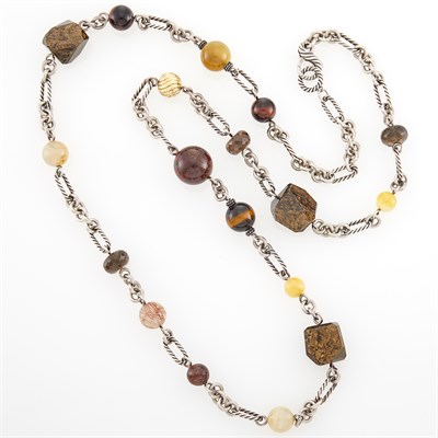 Lot 43 - David Yurman Long Sterling Silver, Gold and Hardstone Bead Chain Necklace