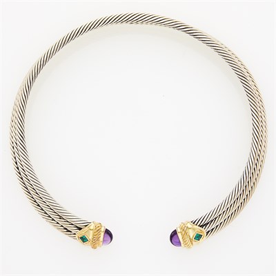 Lot 46 - David Yurman Three Row Sterling Silver, Cabochon Amethyst and Tourmaline Necklace