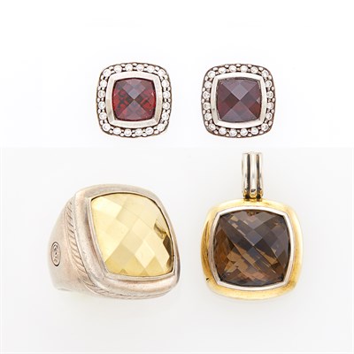 Lot 45 - David Yurman Sterling Silver and Gold Ring, Smoky Quartz Enhancer and Pair of Garnet and Diamond Earrings