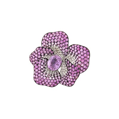 Lot 227 - White and Blackened Gold, Pink Sapphire and Diamond 'En Tremblant' Flower Clip-Brooch