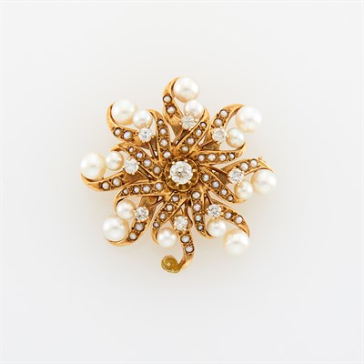 Lot 77 - Gold, Seed and Cultured Pearl and Diamond Brooch