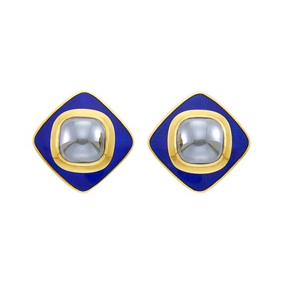 Lot 24 - Tiffany & Co. Pair of Gold, Hematite and Enamel Earclips