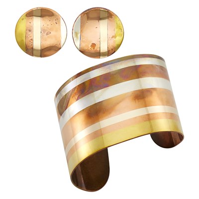Lot 20 - Tiffany & Co., Attributed to Angela Cummings  Sterling Silver, Brass and Copper Cuff Bangle Bracelet and Pair of Earclips