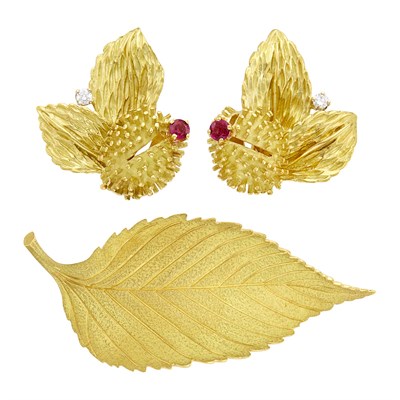 Lot 62 - Tiffany & Co. Pair of Gold, Ruby and Diamond 'Chestnut' Earrings and Leaf Brooch