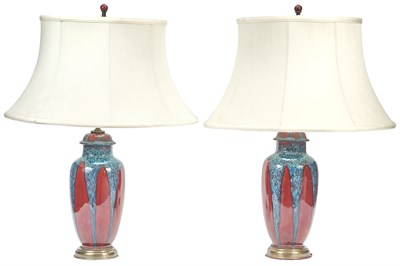 Lot 39 - Pair of Flambé Glazed Ceramic Covered Jars...